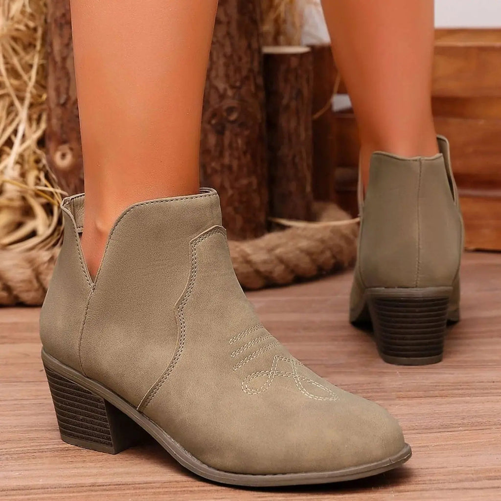 Western Ankle Boots with Block Heel and Stitch Detail