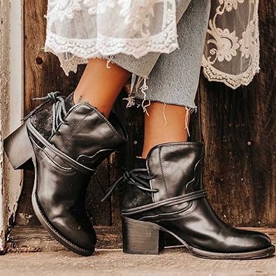Western Ankle Boots with Wrap Lace Detail and Block Heel