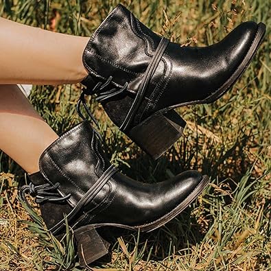 Western Ankle Boots with Wrap Lace Detail and Block Heel