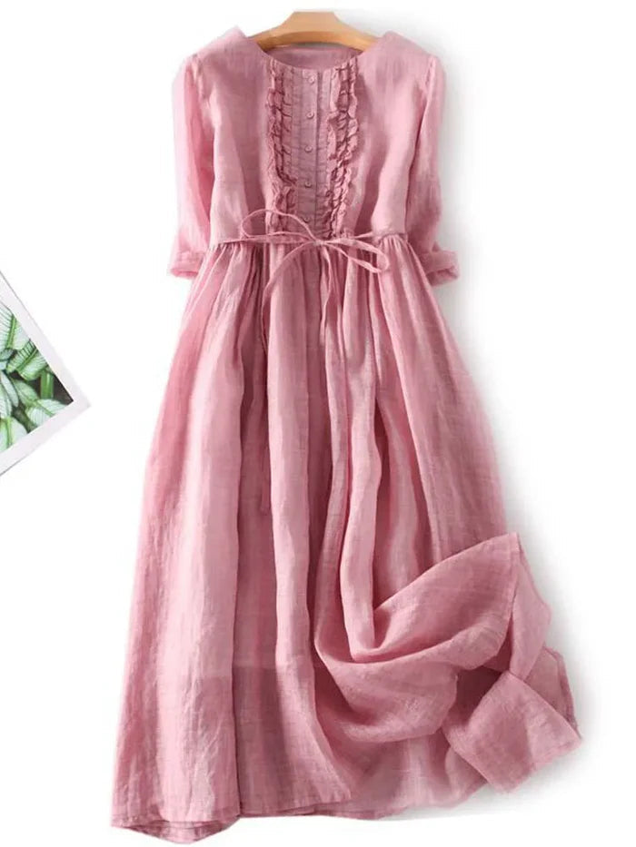 Vestido Midi de Lino con Volantes y Cinturón Estilo Casual Elegante para Mujer con Manga 3/4