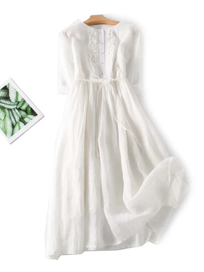Vestido Midi de Lino con Volantes y Cinturón Estilo Casual Elegante para Mujer con Manga 3/4