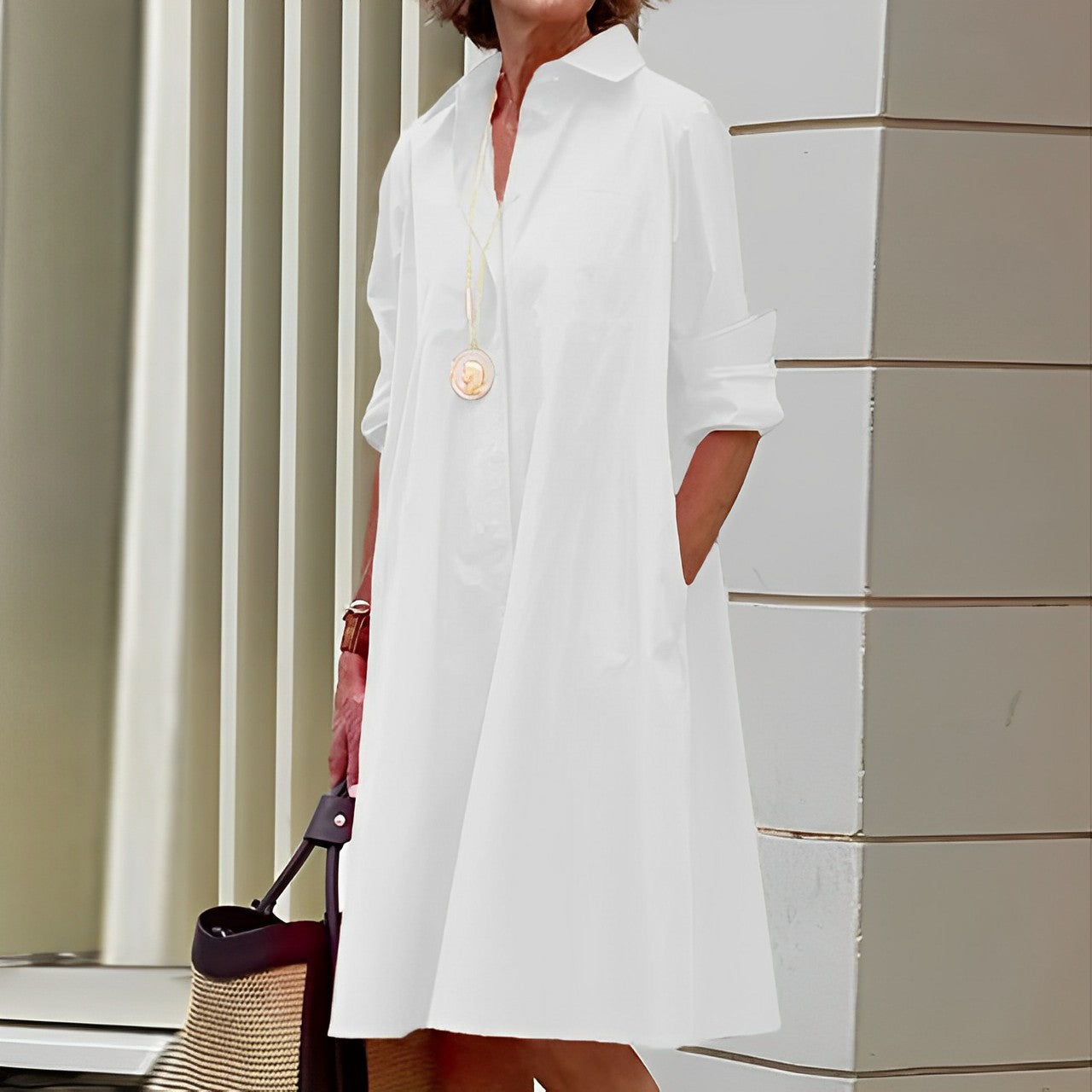 Vestido Camisero Midi de Corte Holgado con Bolsillos