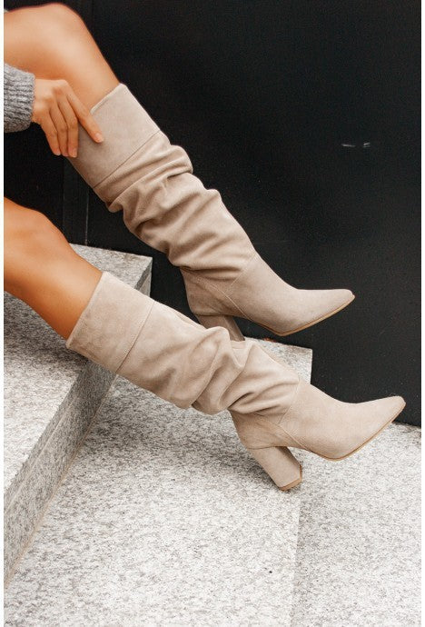 Women's Beige Slouch Knee High Boots Block Heel Faux Suede Pointed Toe Slip-On Going Out Winter