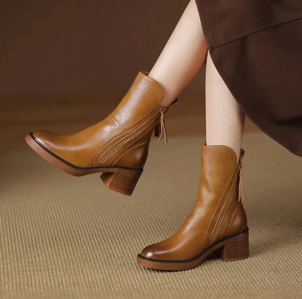 Women's Leather Ankle Boots Side Zip Block Heel Mid Calf Boots Casual Autumn Winter Everyday