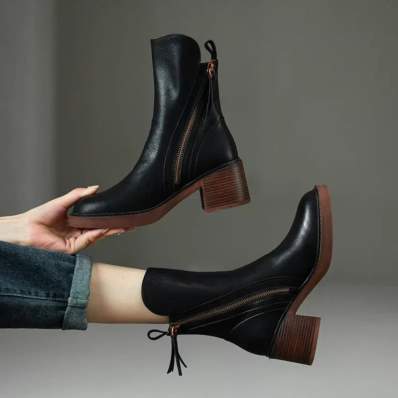 Women's Leather Ankle Boots Side Zip Block Heel Mid Calf Boots Casual Autumn Winter