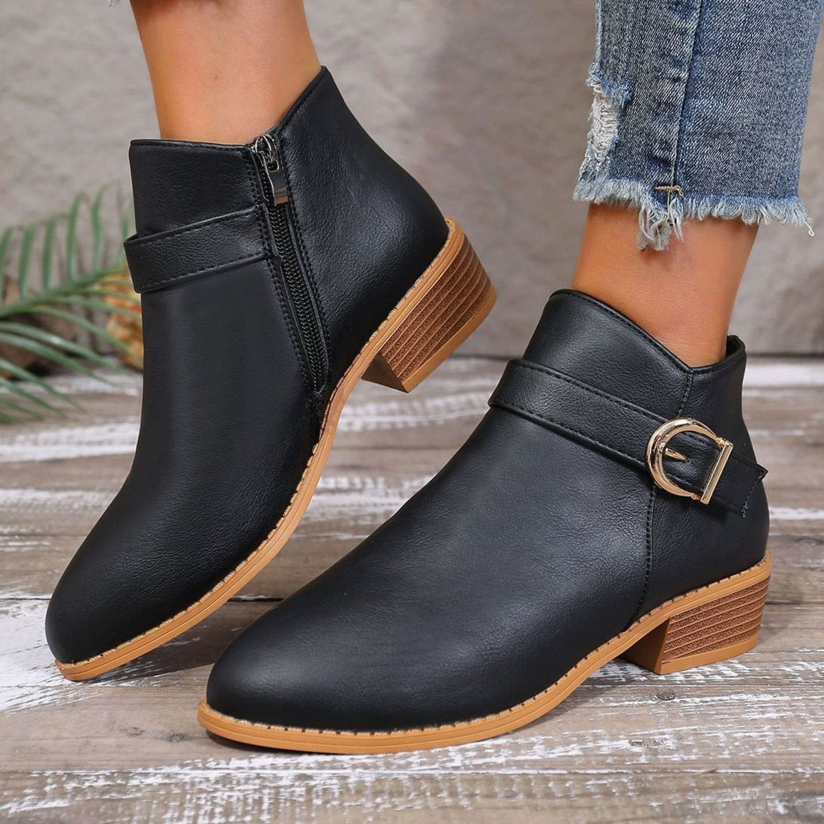 Women's Low Block Heel Ankle Boots Faux Leather Gold Buckle Strap Side Zip Casual Everyday Winter