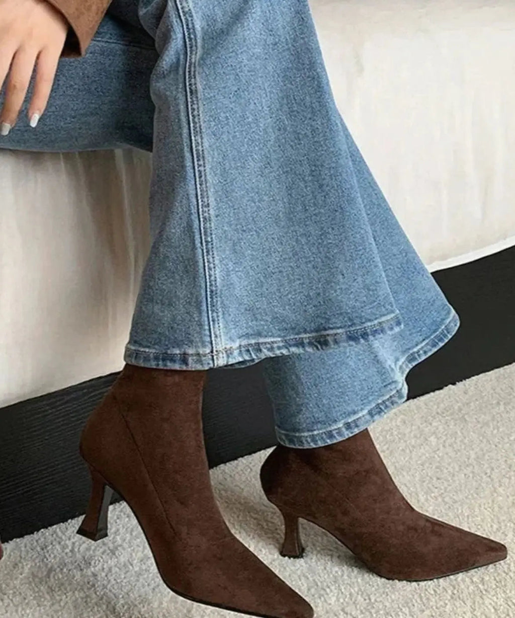 Women's Pointed Toe Kitten Heel Ankle Boots Faux Suede Sock Boot Slip-On Smart Casual Going Out