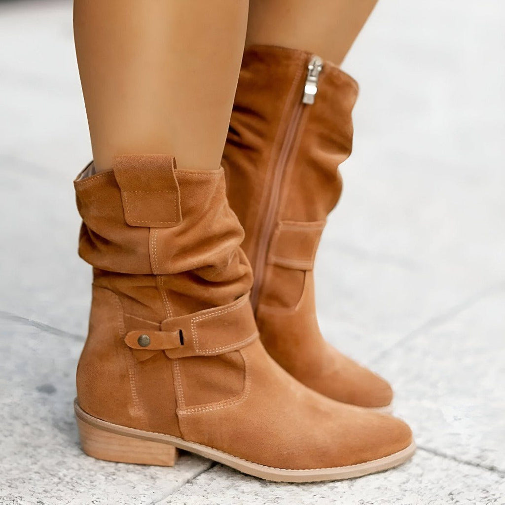 Women's Slouch Mid Calf Boots Faux Suede Low Block Heel Buckle Strap Zip Casual Autumn Winter