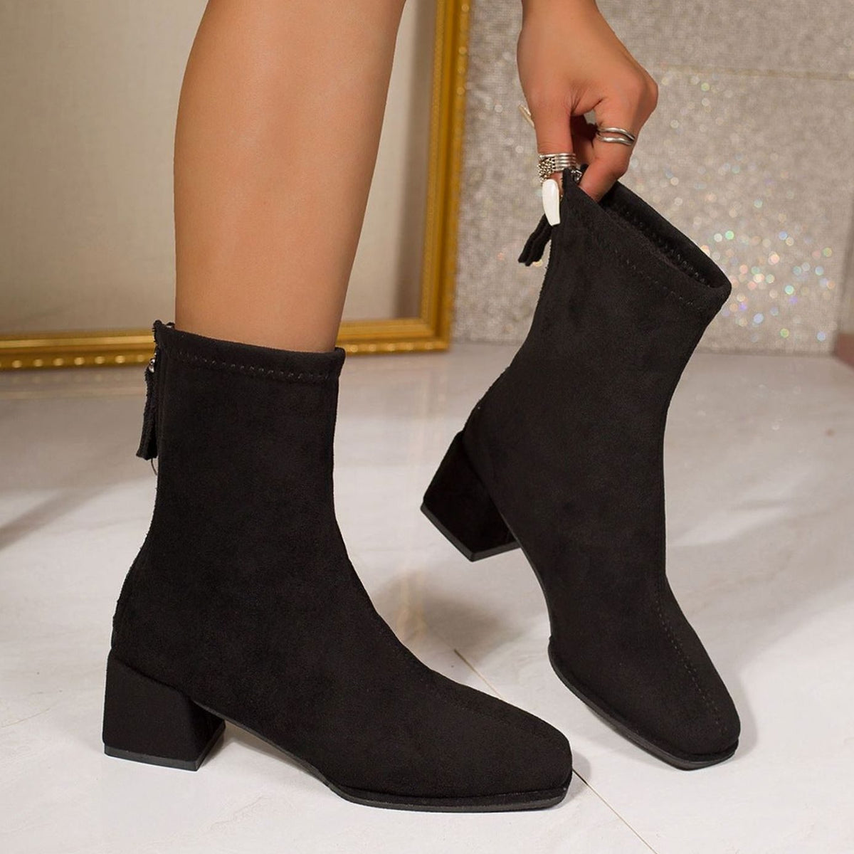 Women's Square Toe Block Heel Sock Ankle Boots Faux Suede Back Zip Tassel Pull Tab Smart Casual