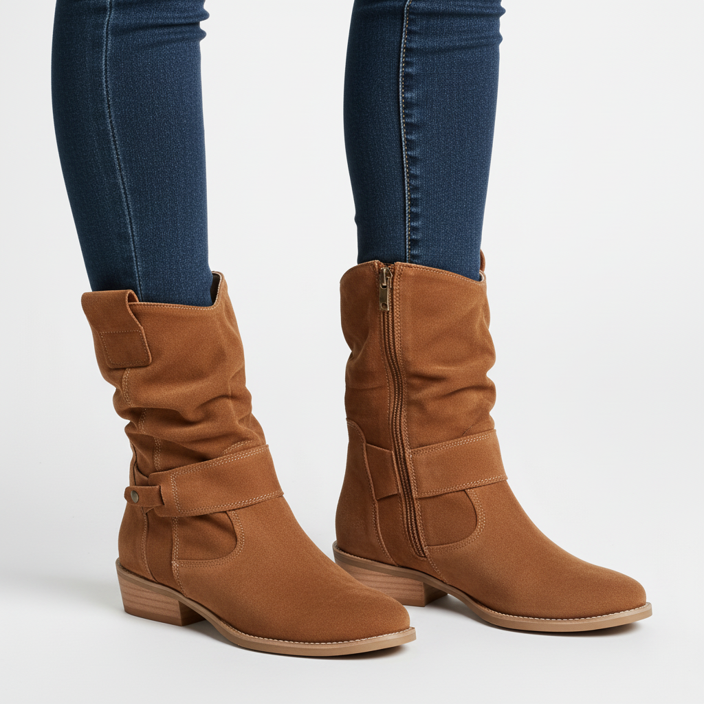 Women's Tan Slouch Ankle Boots Low Block Heel Faux Suede Ruched Strap Side Zip Casual Everyday