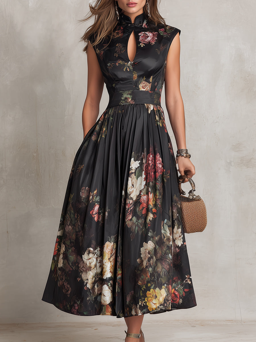 Vestido Midi Negro Elegante con Estampado Floral Vintage