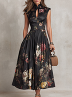 Vestido Midi Negro Elegante con Estampado Floral Vintage