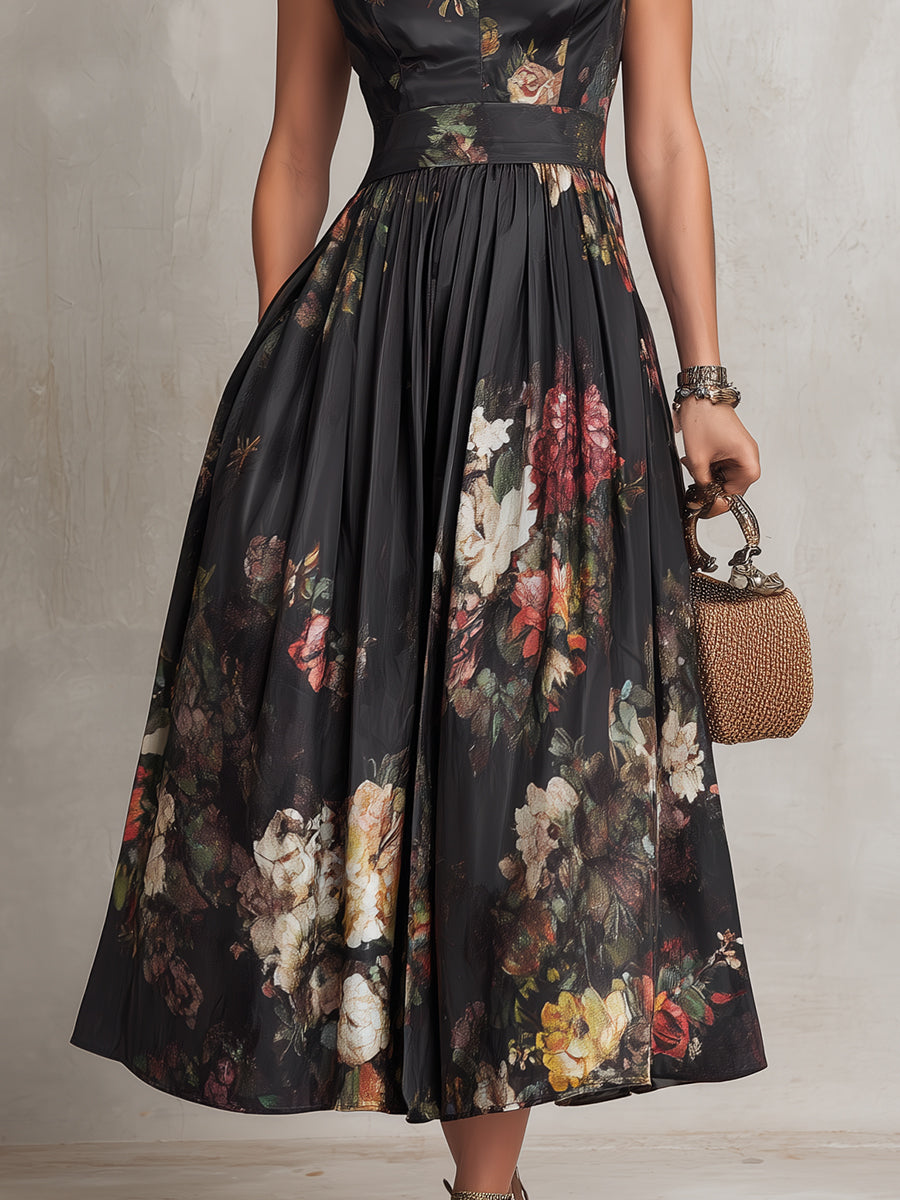 Vestido Midi Negro Elegante con Estampado Floral Vintage