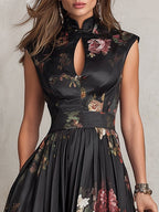 Vestido Midi Negro Elegante con Estampado Floral Vintage