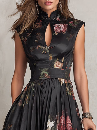 Vestido Midi Negro Elegante con Estampado Floral Vintage