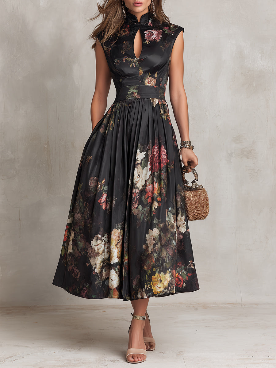 Vestido Midi Negro Elegante con Estampado Floral Vintage