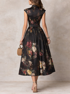 Vestido Midi Negro Elegante con Estampado Floral Vintage
