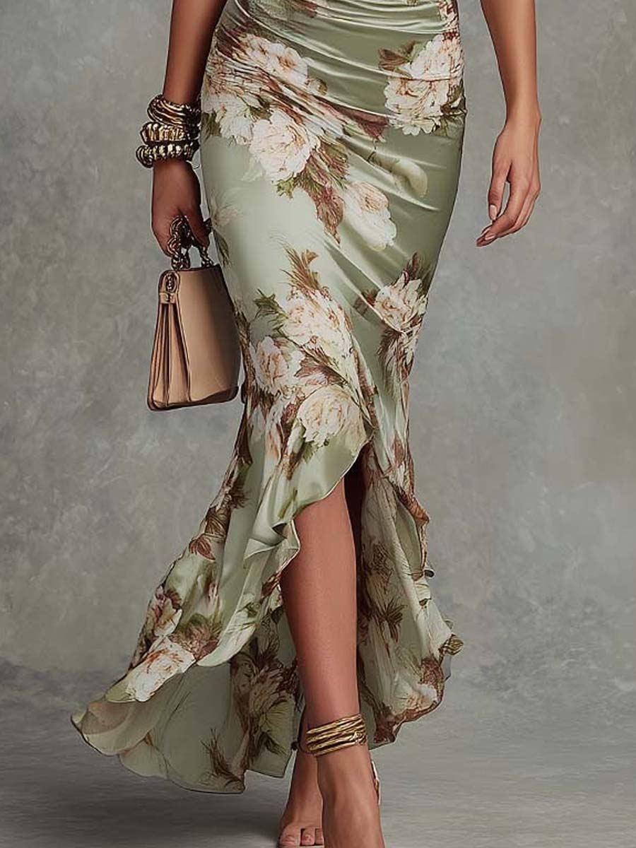 Vestido Femenino Floral Ajustado Elegante para Verano Verde