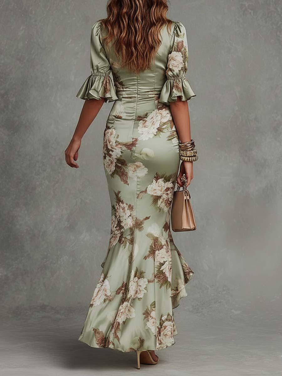 Vestido Femenino Floral Ajustado Elegante para Verano Verde