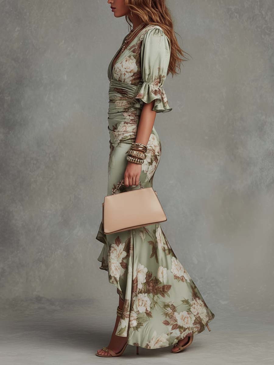 Vestido Femenino Floral Ajustado Elegante para Verano Verde