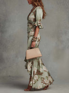 Vestido Femenino Floral Ajustado Elegante para Verano Verde