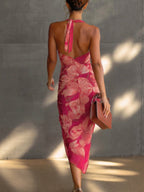 Vestido Femenino Floral Ajustado sin Mangas para Verano Rosa