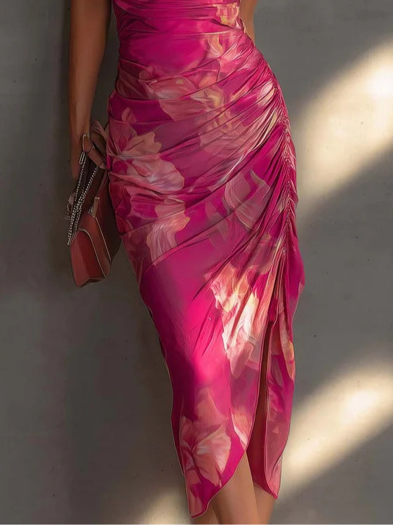 Vestido Femenino Floral Ajustado sin Mangas para Verano Rosa