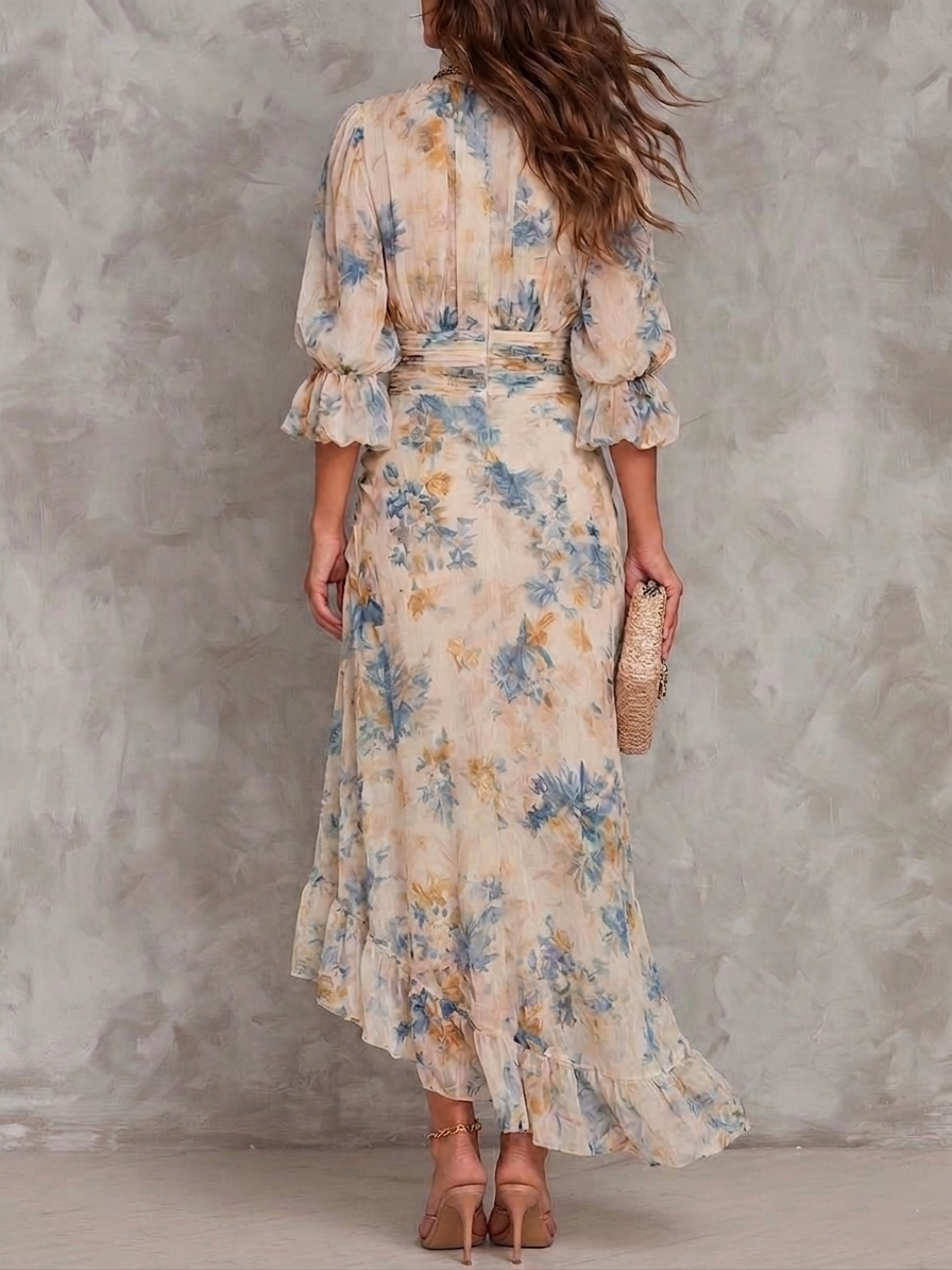 Vestido Femenino Floral Asimétrico Elegante para Verano Beige