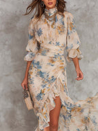 Vestido Femenino Floral Asimétrico Elegante para Verano Beige