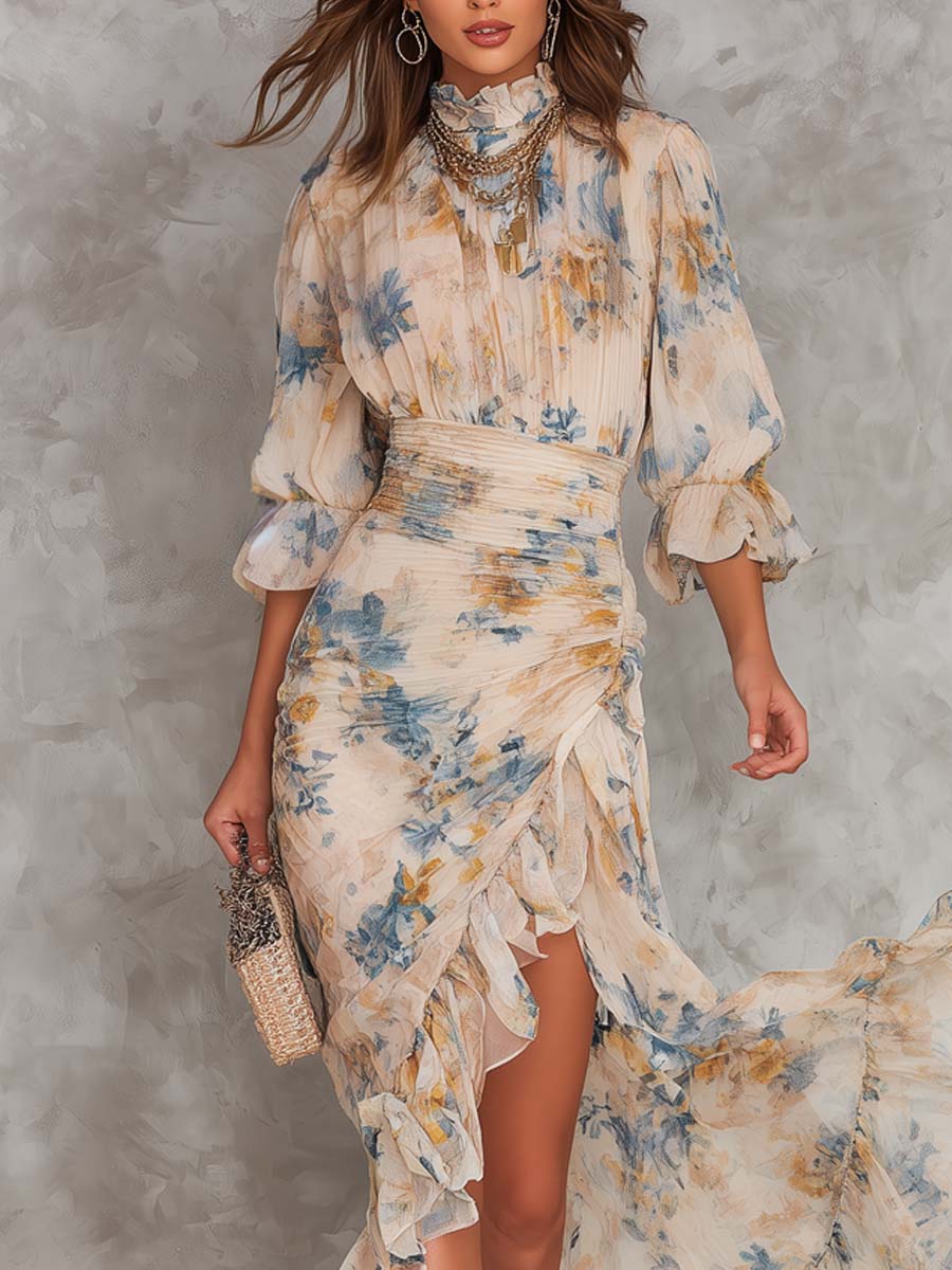 Vestido Femenino Floral Asimétrico Elegante para Verano Beige
