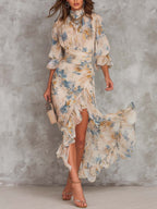 Vestido Femenino Floral Asimétrico Elegante para Verano Beige