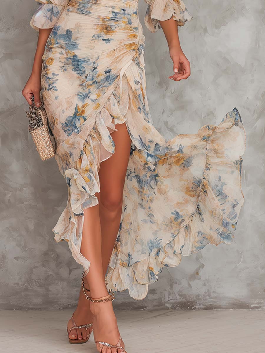 Vestido Femenino Floral Asimétrico Elegante para Verano Beige