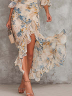 Vestido Femenino Floral Asimétrico Elegante para Verano Beige