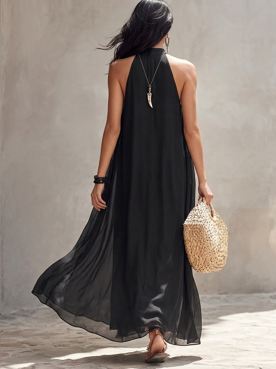 Vestido Femenino Largo Fluido sin Mangas para Verano Negro