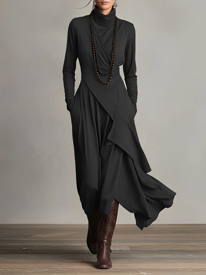 Vestido Midi Asimétrico de Cuello Alto para Mujer