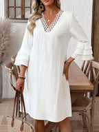 Vestido corto casual de mujer de color liso con mangas acampanadas, vestido de verano, vestido de playa, atuendo de vacaciones, vestido blanco de mujer, vestido, vestido blanco de estilo bohemio, vestido casual blanco, vestido 100 % puro de mujer, vestido