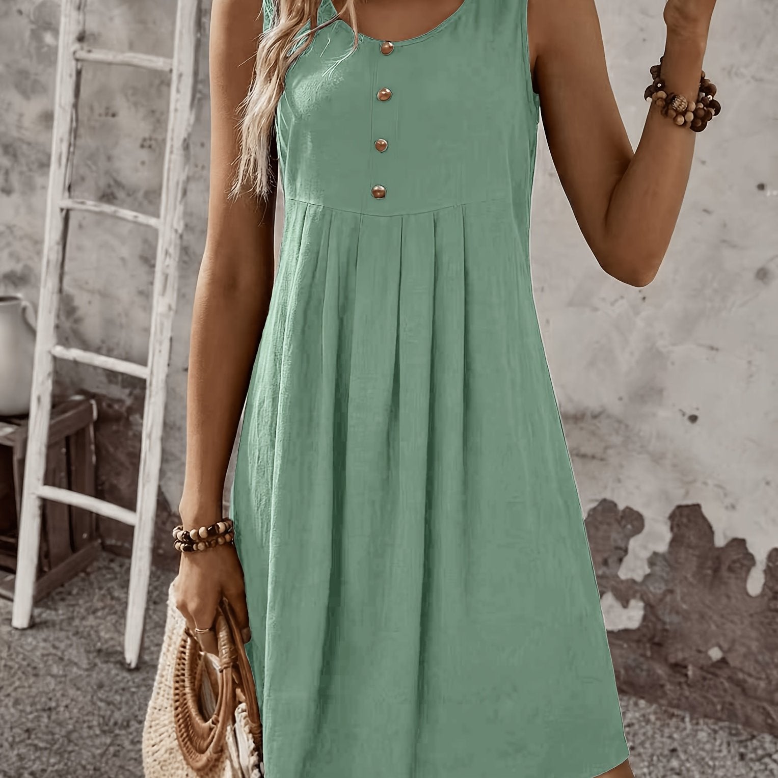 Vestido Corto Sin Mangas Rosa Casual de Verano con Botones Decorativos Corte Suelto A-Line
