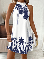 Vestido de Verano para Mujer con Cuello Halter - Estampado Floral en Blanco y , Mini A-Line, Manga Corta, Detalle Nudo, Lavable a Máquina, Elegante Vestido Casual, Sin Elástico