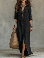 Vestido Camisero Maxi Negro Lino Manga Larga Cuello Camisa Abertura Lateral Boho Casual Mujer
