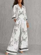 Conjunto Mujer Camisa Estampada y Pantalón Palazzo con Mariposas Casual Elegante para Vacaciones y Verano