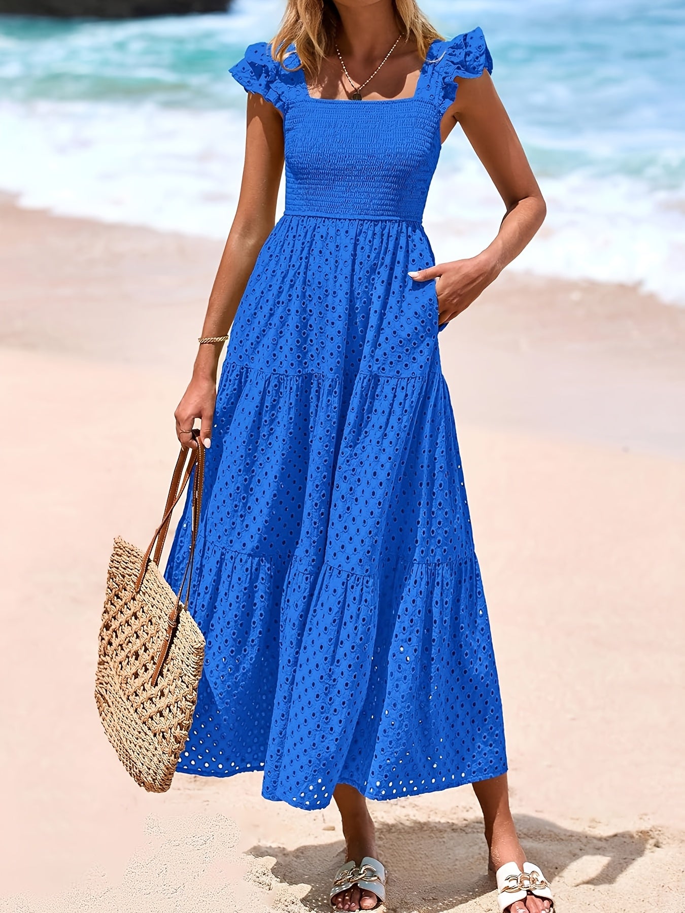 Elegante Vestido Midi de Verano para Mujer con Cuello Cuadrado, Manga Abullonada, Detalles de Encaje y Falda en A con Capas y Bolsillos - Color Sólido, Diseño Fluido Adecuado para Ocasiones Casuales o Formales, Vestido Largo Fluido sin Mangas