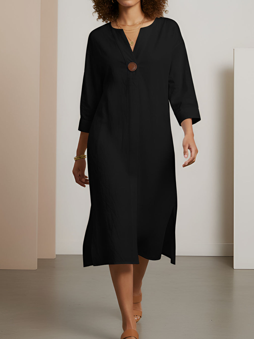 Vestido Midi Negro Algodón Manga 3/4 Escote en V Casual Holgado con Abertura Lateral para Mujer