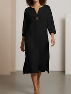 Vestido Midi Negro Algodón Manga 3/4 Escote en V Casual Holgado con Abertura Lateral para Mujer