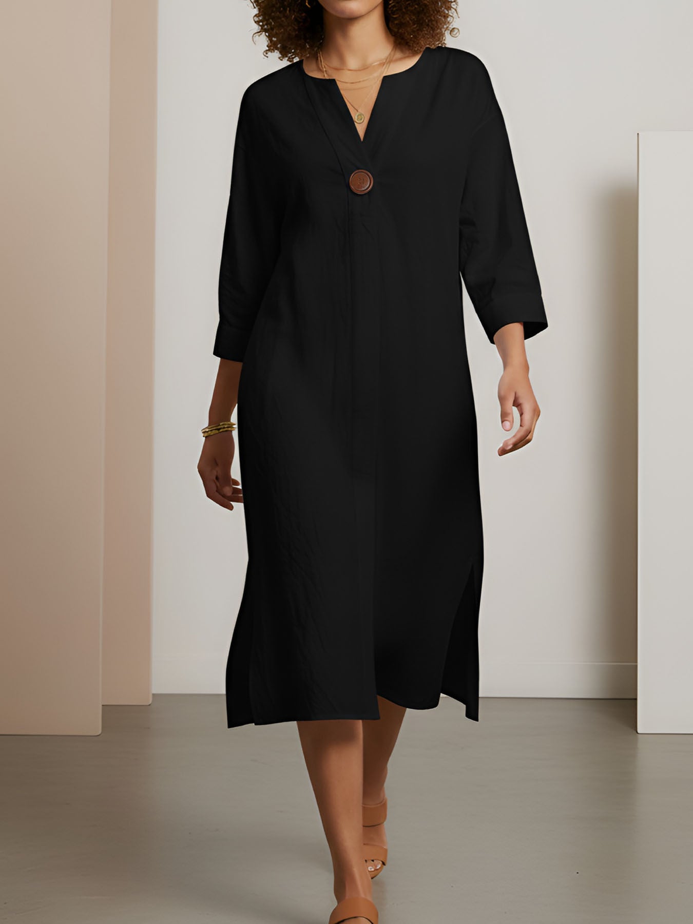 MANAIXUAN Vestido elegante para mujer 100% con cuello en V y botones al frente - Vestido midi de corte recto con mangas de tres cuartos, ajuste holgado y cuello con botones, adecuado para desplazamientos casuales, oficina y uso diario, vestido de color li