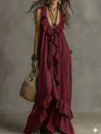 Vestido Maxi Negro Volantes Escote V Profundo Sin Manga Boho Chic Playa Noche Mujer Elegante