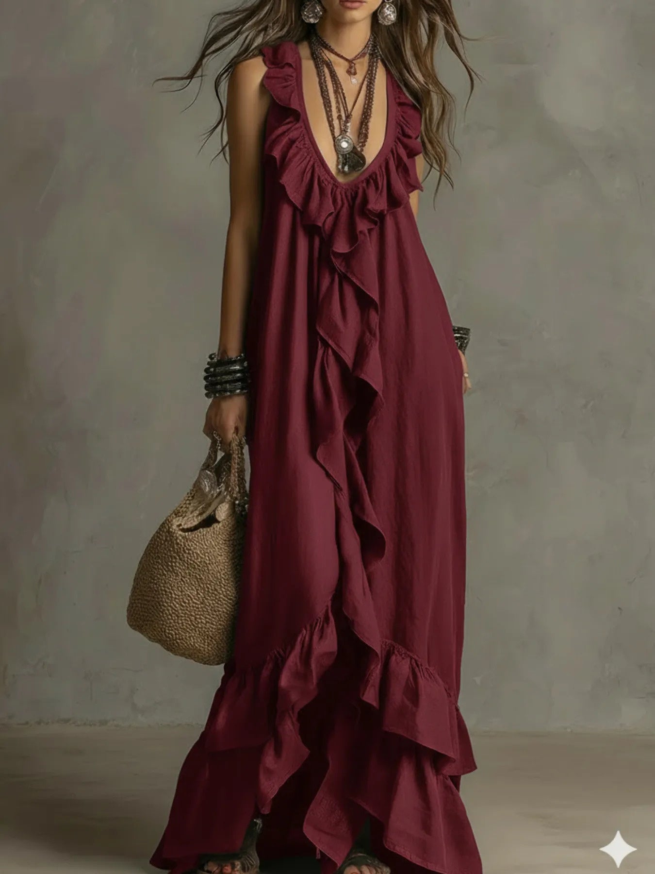 Vestido Maxi Negro Volantes Escote V Profundo Sin Manga Boho Chic Playa Noche Mujer Elegante