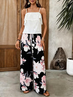Conjunto Mujer Blusa Blanca con Volantes y Pantalón Palazzo Floral Negro Casual Elegante Verano