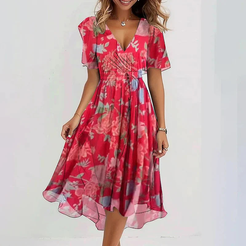 Vestido Femenino Floral Midi con Escote en V para Verano Multicolor