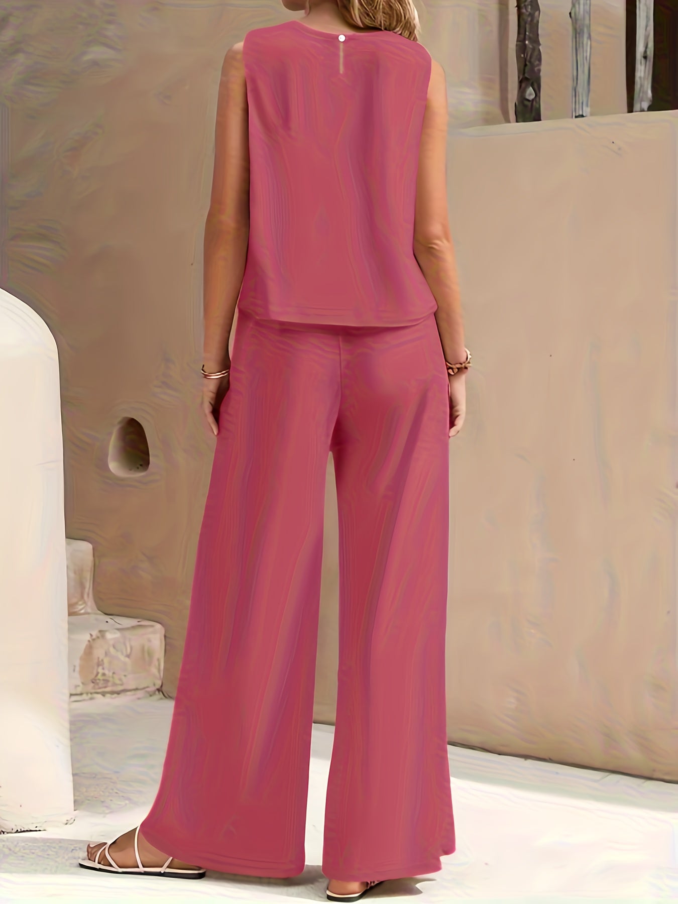 Conjunto Mujer Blusa Sin Mangas y Pantalón Palazzo Amplio Casual Cómodo para Verano, Viajes y Uso Diario
