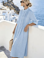 Vestido Maxi Azul Cielo Lino Cuello Mao Botones Frontales Plisado Casual Playa Vacaciones Mujer